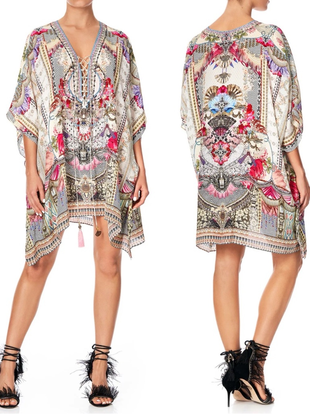 CAMILLA Silk Crystal Lace-Up Kaftan Montmartre Heart Mini Dress OS